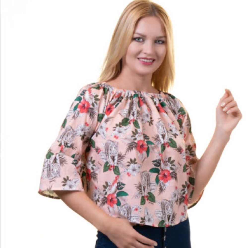 European Made Pink Floral Off Shoulder Blouse Shirt Tops for Women